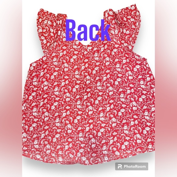 Papermoon 2X Women’s Sheer red top floral pattern cuffed sleeves v neck - Picture 2 of 4
